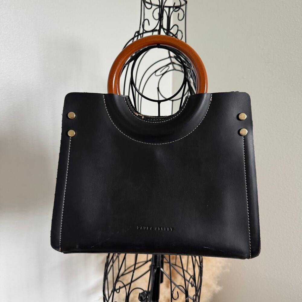 Laura Ashley Black Ivy Zip Tote Bag with Wooden Handles